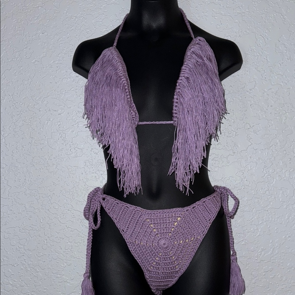 Purple Fringe Crochet Bikini Set